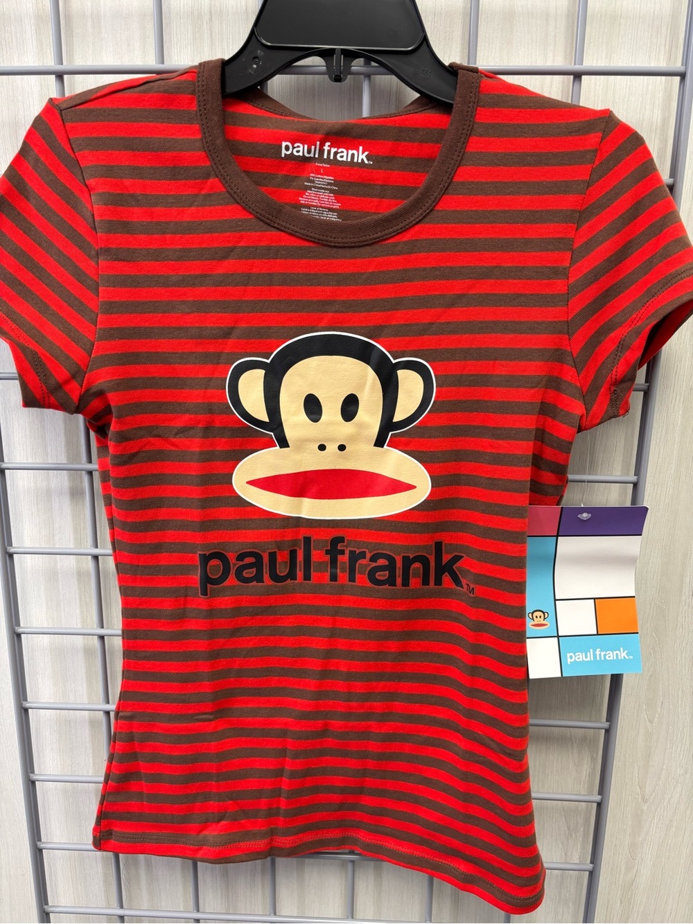 Women’s paul frank Red & Brown Striped Tee with Julius Graphic Sz Large